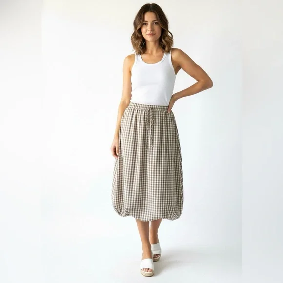 Emerson Lang Tan Gingham Bubble Midi Skirt Size M Tan White Plaid Lined - Picture 2 of 11